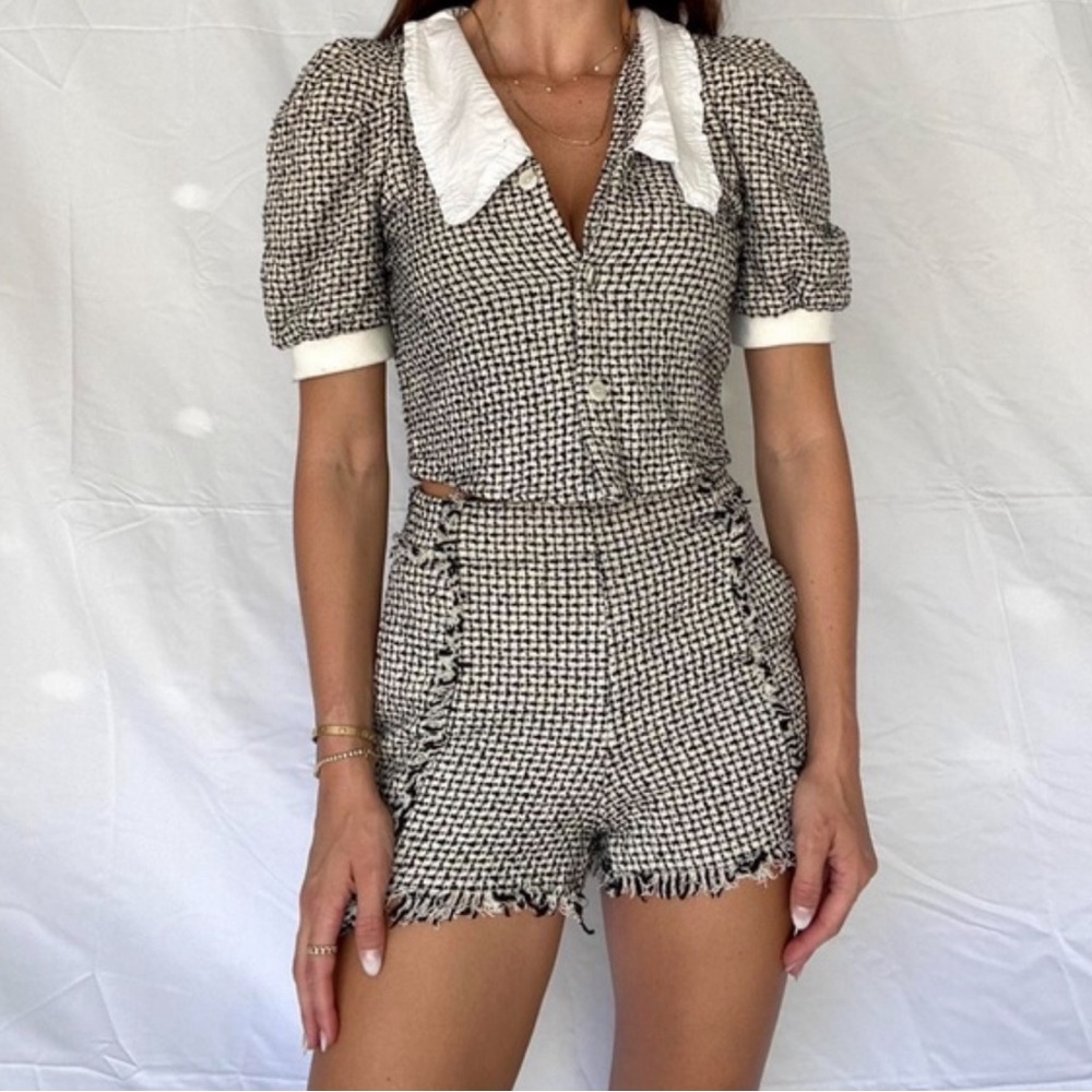 Zara Black & White Tweed Short Set with Contrast Collar